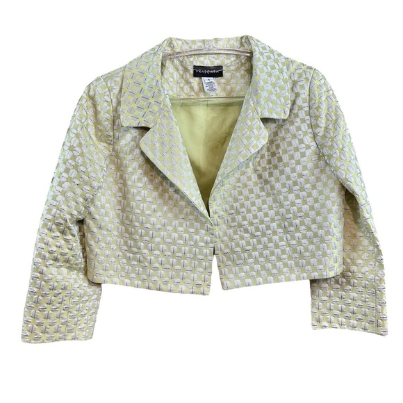 Frascara Cropped Metallic Checkered Evening Jacket Lime Green White Gold Size 6 - Picture 7 of 7